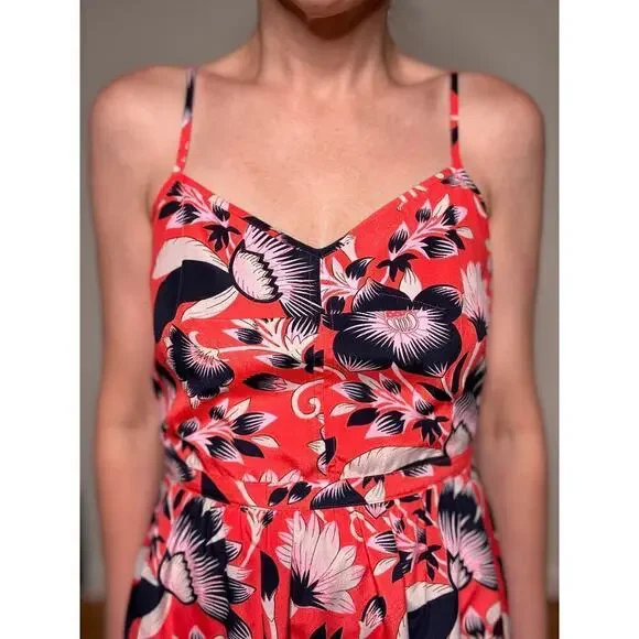 j crew pink floral dress J. Crew Re Imagined Poplin Cotton Spring Pink Fushia Floral Flowers Puffed  Sleeve Scoop Neck Side Pockets 3 Tiers Tiered Midi Dress Size 10
